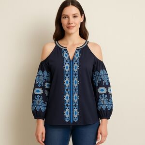 NWT Sugar Lips Women’s Navy Blue Embroidered Cold Shoulder Blouse – Size XS